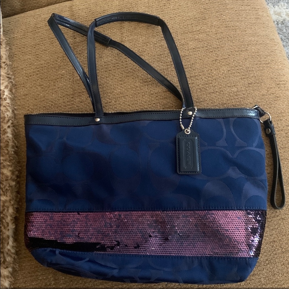 Coach blue signature sequin stripped band Hand Bag